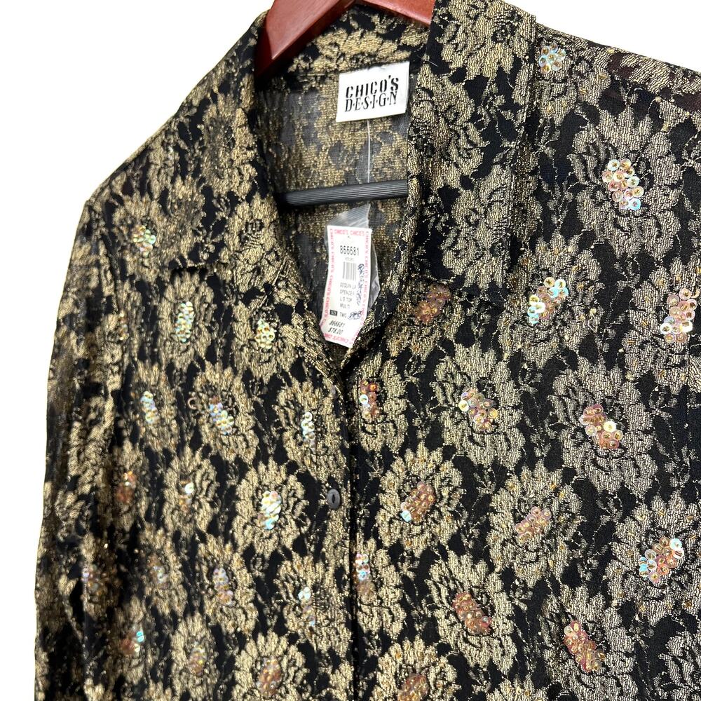 NEW NWT Chicos Design Size 2 Large Gold Black Sequin Blouse Shirt Top Formal - Picture 5 of 9